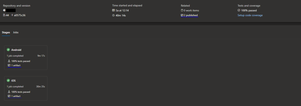 Build summary including build details, test results, and published artifacts on Azure DevOps