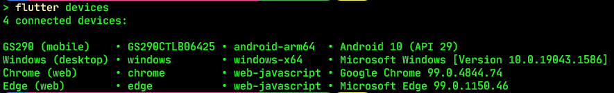 Output of Flutter devices command