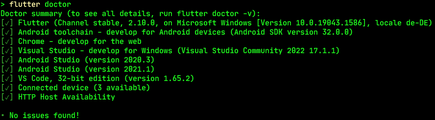 Output of the Flutter doctor command