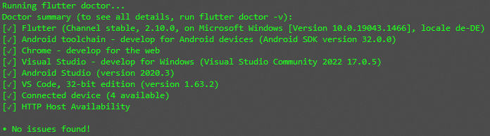 Flutter doctor output after upgrading to Flutter 2.10
