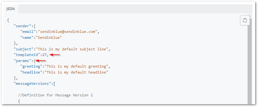 Screenshot of JSON example for the Sendinblue API by author