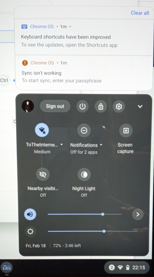 The quick settings menu in ChromeOS Flex