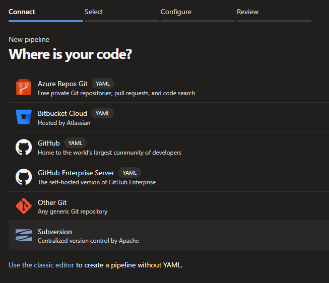 Select code provider in Azure DevOps