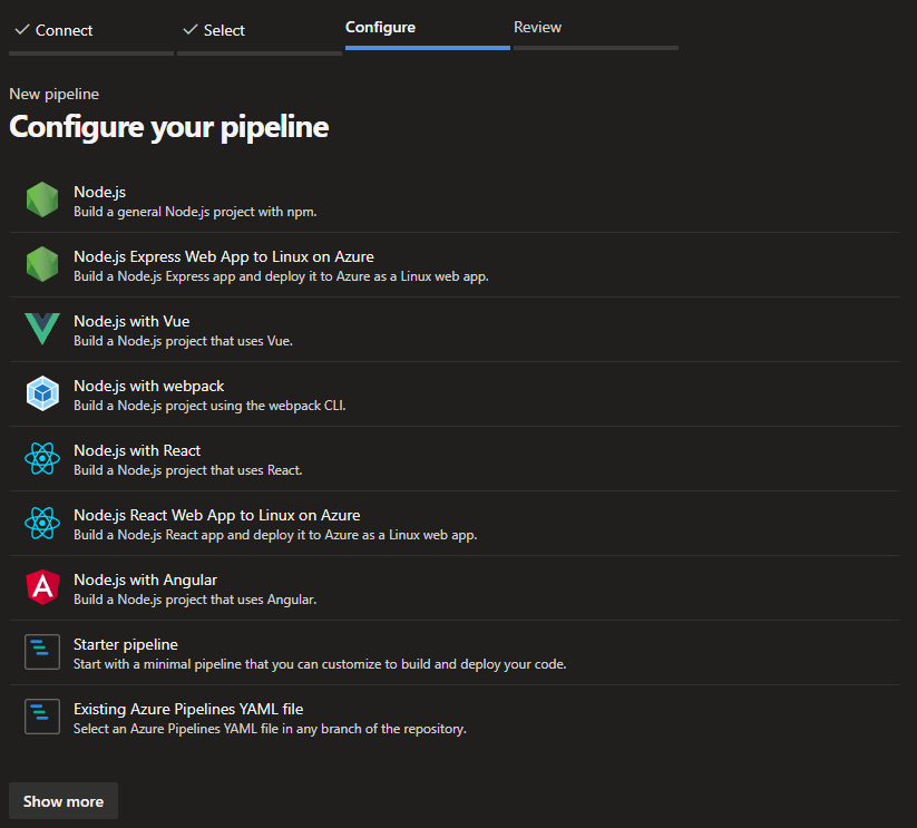 Setup screen with predefined templates for new pipelines in Azure DevOps
