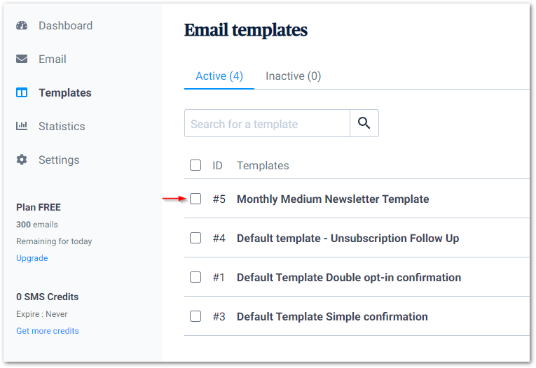 Screenshot of the Sendinblue Templates dashboard by author