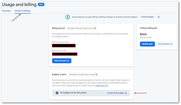 Firebase details and settings dashboard screenshot by author