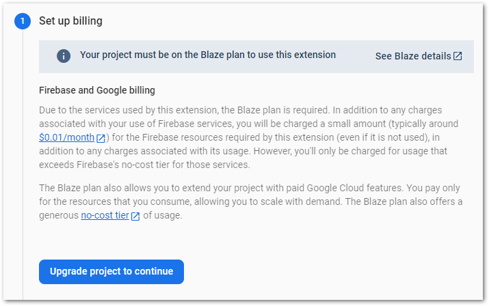 Screenshot of Firebase extensions setup process by author