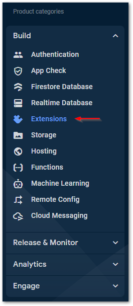 Screenshot of Firebase Extensions menu entry by author