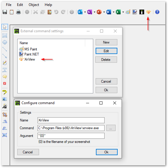 Adding external commands in Greenshot to send images to other apps.