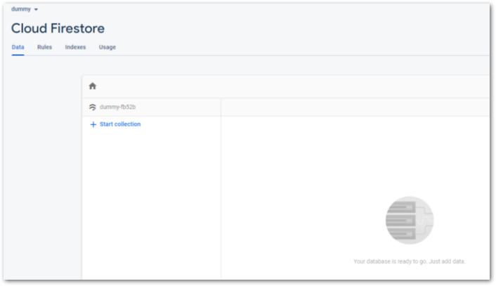 Screenshot of empty Cloud Firestore database by author