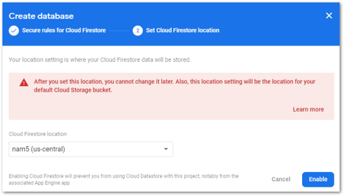 Screenshot of location selection for Cloud Firestore by author