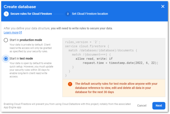 Screenshot of mode selection for Cloud Firestore by author