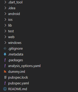 Screenshot of default Flutter project structure by author