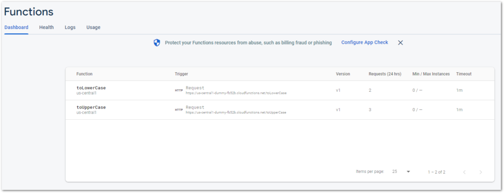 Screenshot of Firebase functions dashboard by author