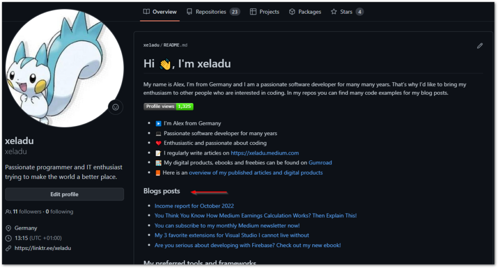 Screenshot of GitHub page of author