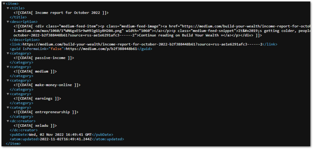 Item section of Medium RSS feed of author