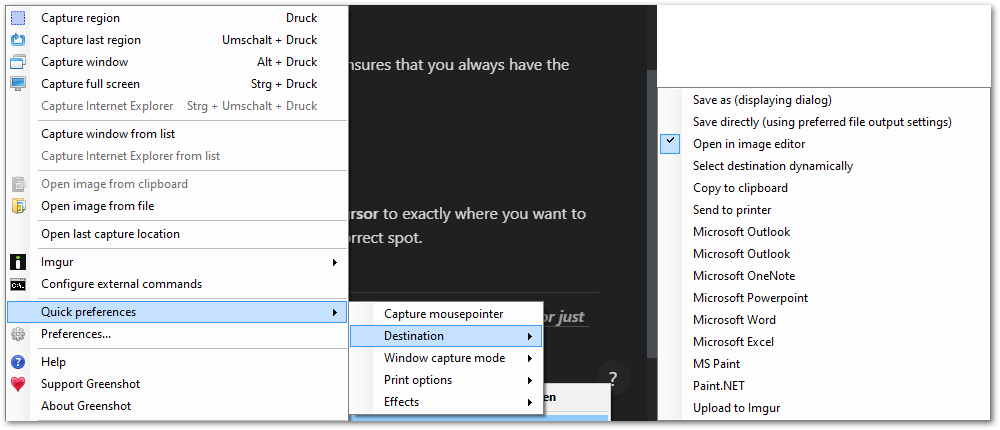 Settings menu of Greenshot to define what to do when a screenshot was taken.