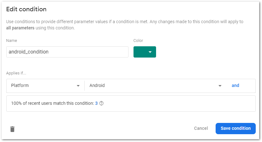 Screenshot of the dialog to add or edit a condition for Remote Config in Firebase by author