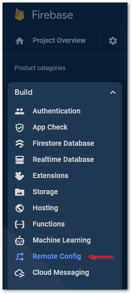 Screenshot of Build menu in Firebase by author