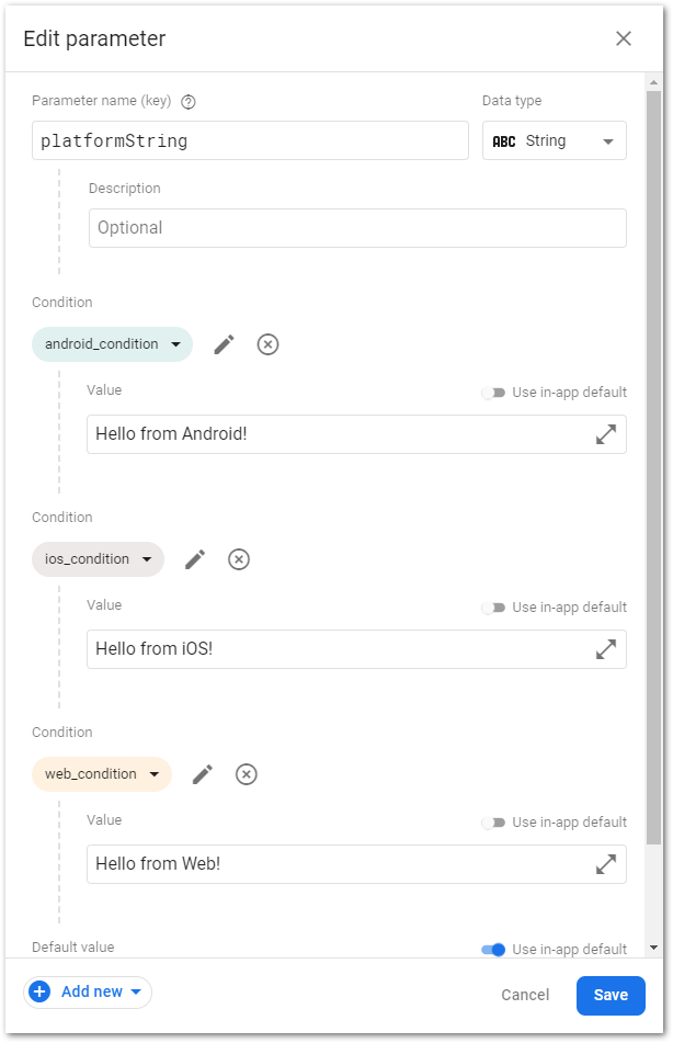 Screenshot of parameter creation for Remote Config in Firebase by author