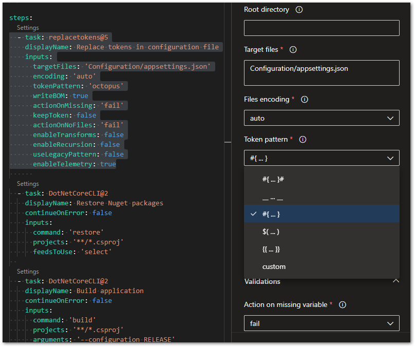 Screenshot of available token patterns in Replace Tokens extension for Azure DevOps by author