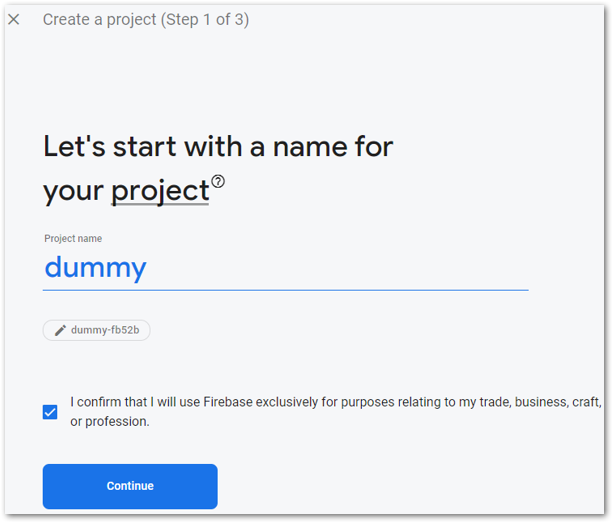 Screenshot while choosing a Firebase project name by author