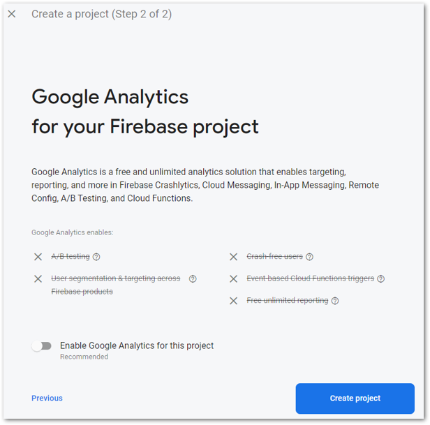 The final screen of the Firebase project creation process by author