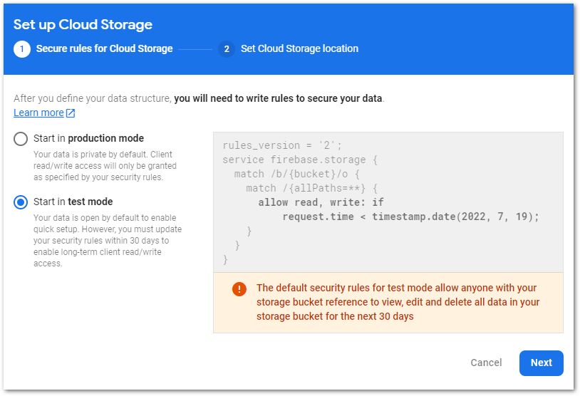 Screenshot of Firebase Storage access control setup by author