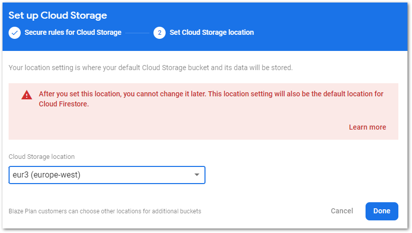 Screenshot of Firebase Storage location setup by author