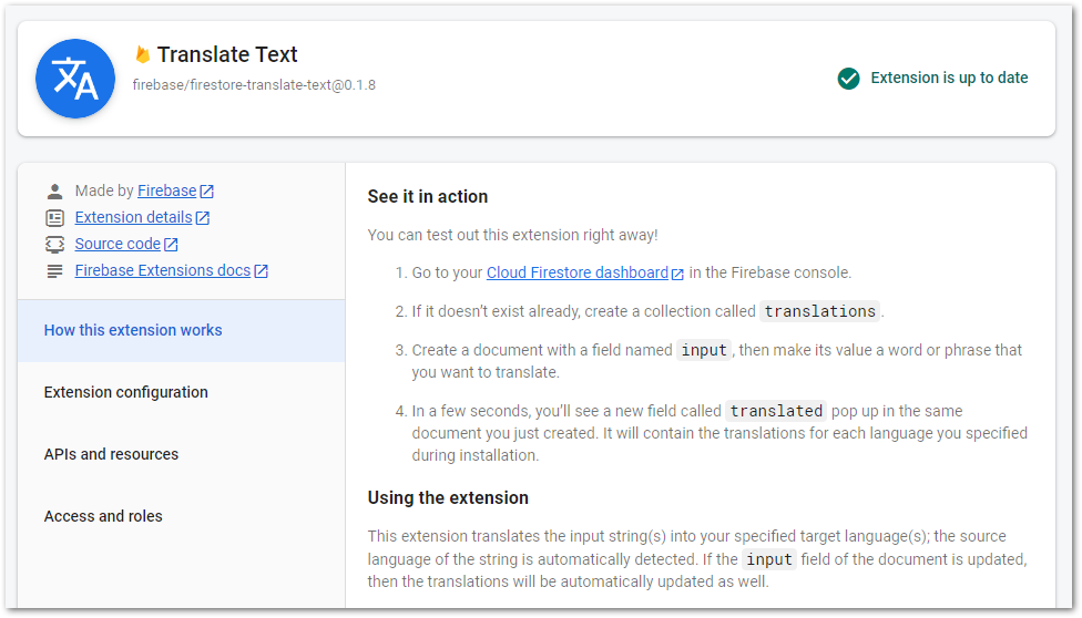 Screenshot of installed extension in Firebase by author