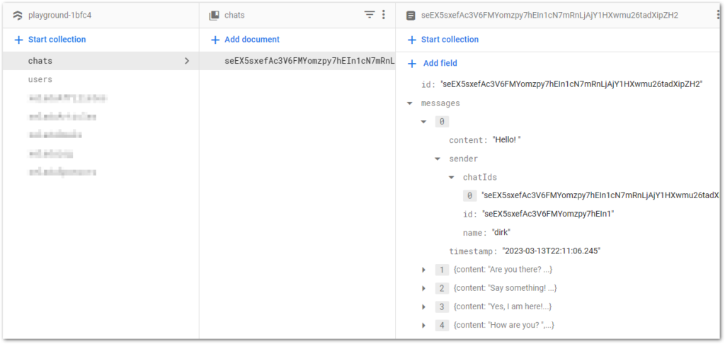 Chats collection in Firebase Firestore containing an identifier, a list of messages, and a list of users (not in image).