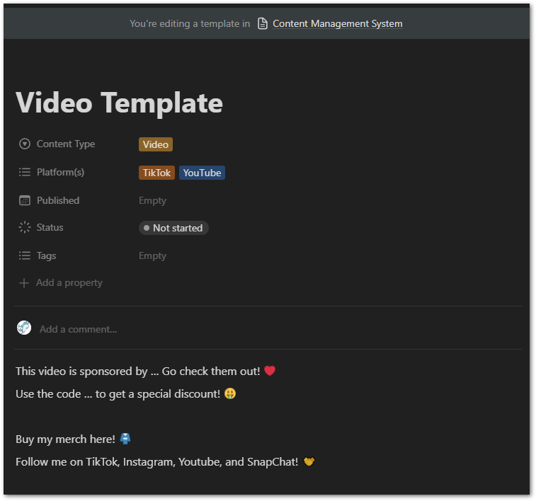 Create a template for a video item in Notion