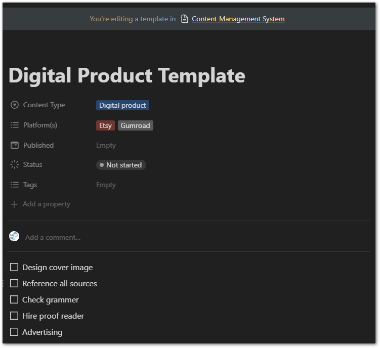 Create a template for a digital product item in Notion