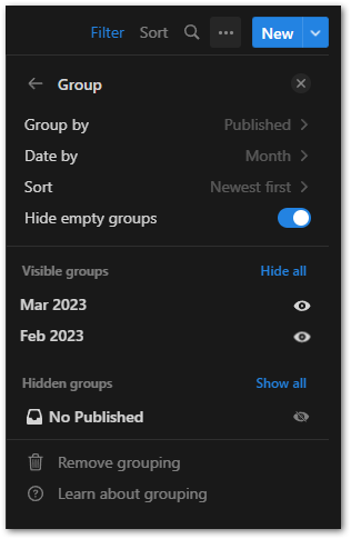 Group options in Notion for a monthly overview