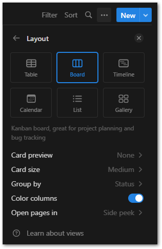 Create a Board layout in Notion