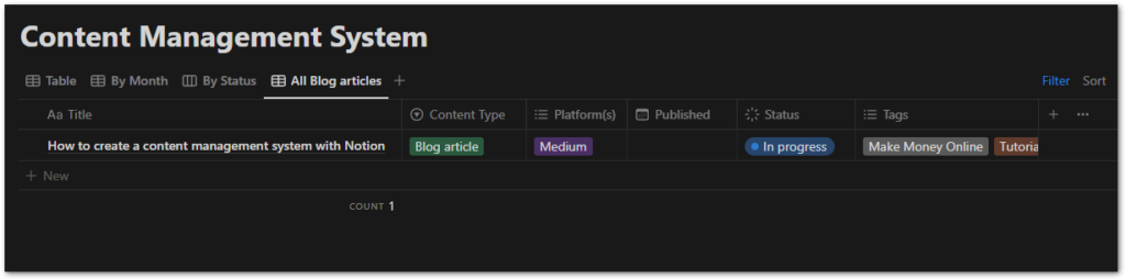 View in Notion with an active filter for a content type