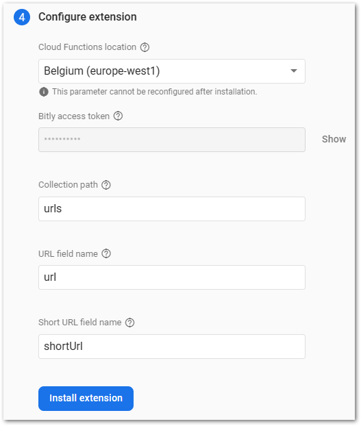 Configure the Shorten URLs extension of Firebase