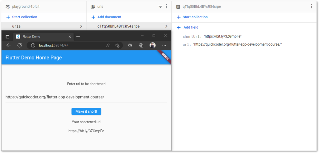 Screenshot of the final workflow with a Flutter app running in the browser to shorten a URL