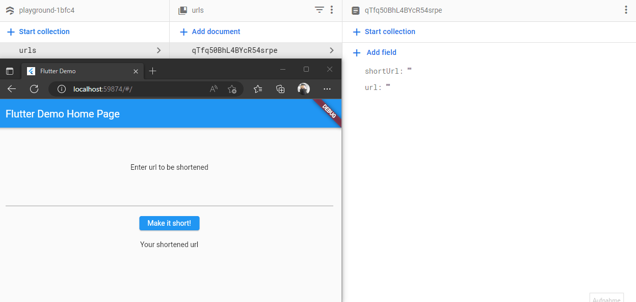 Demo of the final workflow with a Flutter app running in the browser to shorten a URL