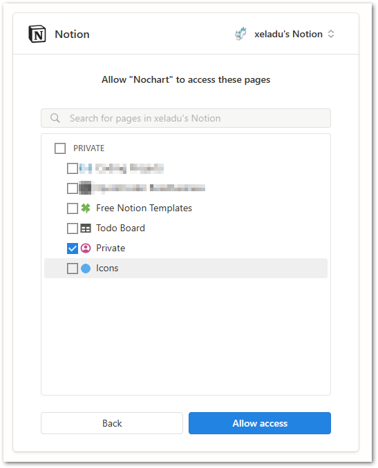 Follow up dialog popup to select the pages that Nochart will have access to after granting access to a Notion workspace.