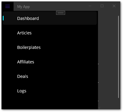 FlyoutMenu of a .NET MAUI app running on Windows