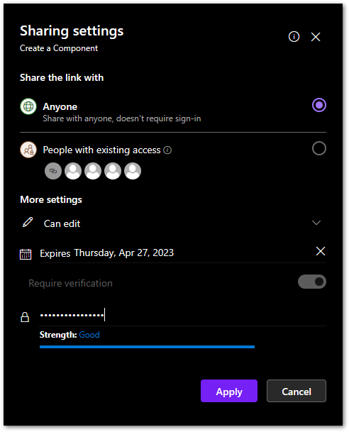 Screenshot of Sharing settings in Microsoft Loop.