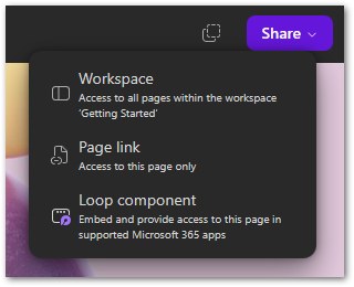 Screenshot of the Share menu in Microsoft Loop.