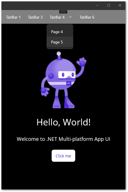 TabBar menu of a .NET MAUI app with a submenu and customized colors running on a Windows machine with a small window size.