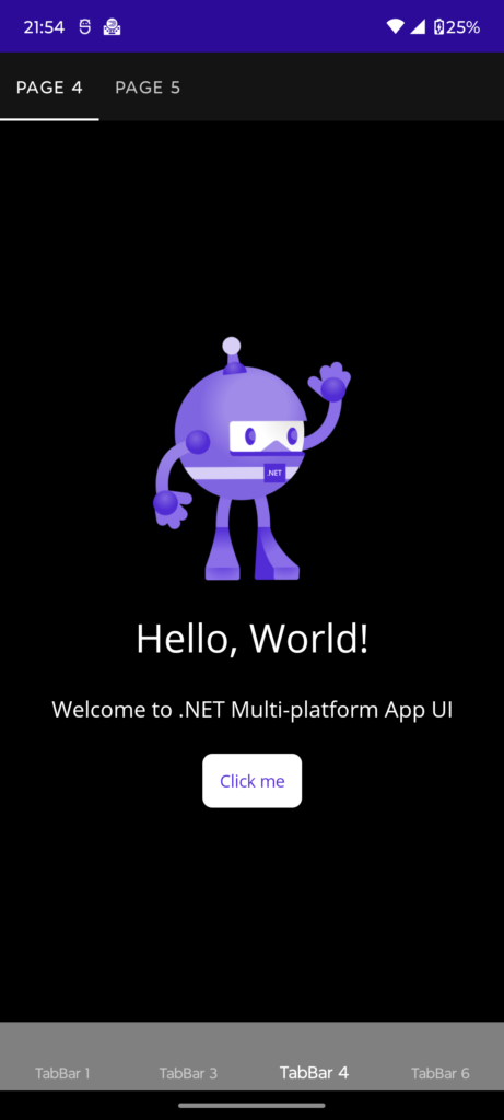 TabBar menu of a .NET MAUI app with a top and bottom bar for a nested tab menu and customized colors running on an Android device.