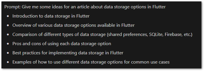 Results of Notion AI when asked for ideas about data storage options in Flutter