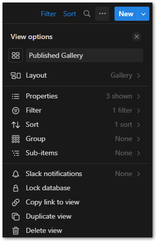 Detailed settings of my Gallery view in my Notion blogging system