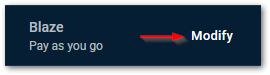 Firebase plan downgrade step 1: Click on the Modify button in the bottom left corner of the Firebase menu