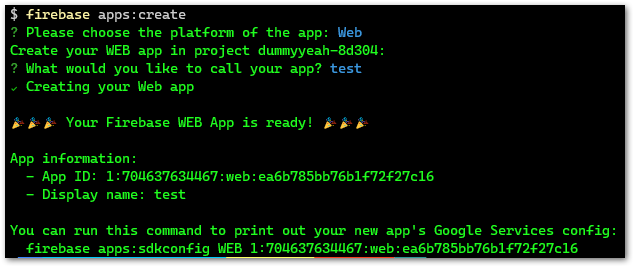 Add new Firebase app with Firebase CLI step 2: Create a new app with the command firebase apps:create. Choose your desired platform and give the app a name.