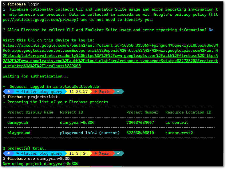 Add new Firebase app with Firebase CLI step 1: Log in your Firebase account with the command firebase login. Then, list your projects with firebase projects:list to get the project ids. Eventually, set the active project with the firebase use command and pass the corresponding project id to it.